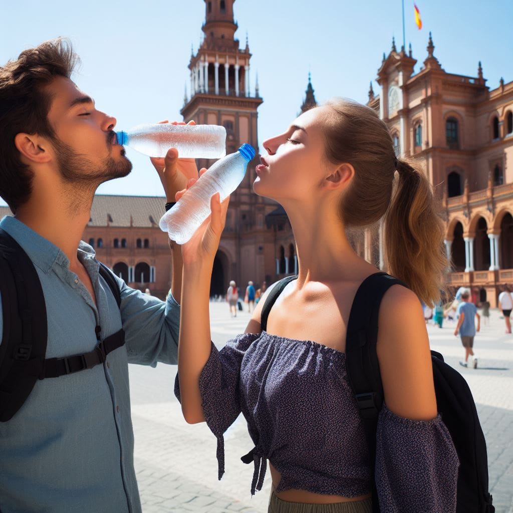 Turistas bebiendo agua en Sevilla.