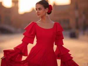 "Desfile de moda flamenca en SIMOF 2025 Sevilla, con diseñadores y modelos en la pasarela."